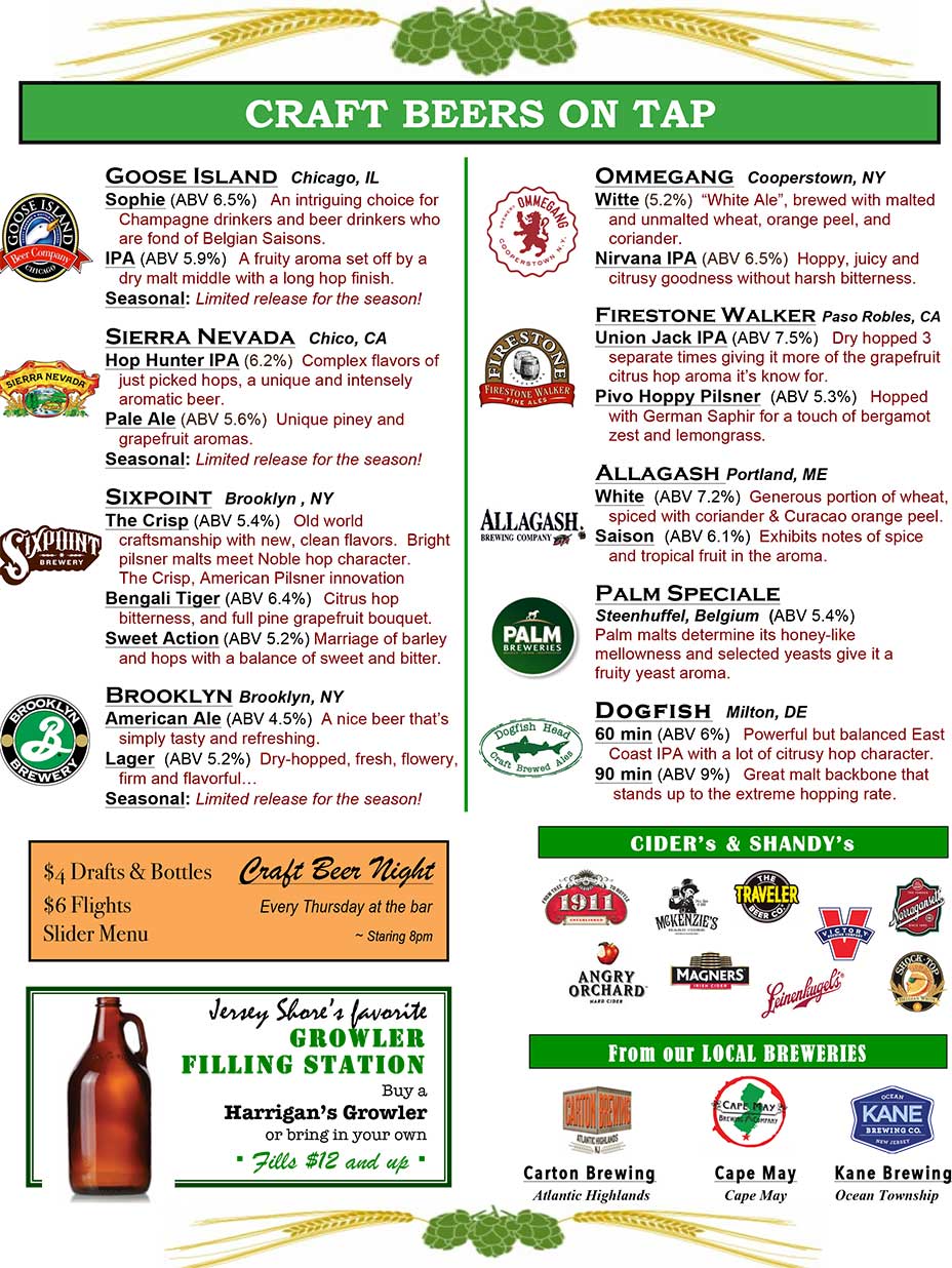 Craft Beers Harrigan's Pub Sea Girt, NJ Jersey Shore Bar, Irish